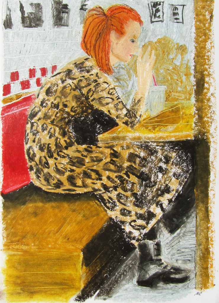 At Five Guys, oil pastel on paper by Mary Cinque