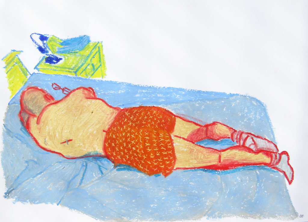 Paco in bed, oil pastel on paper by Mary Cinque